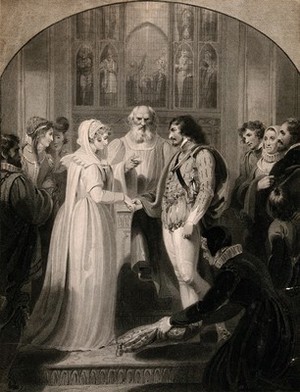 view A young couple are being married in church. Stipple engraving by R.M. Meadows, 1806, after R. Westall.