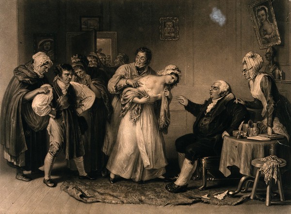 A matrimonial dispute: a young man looks aggressive as a young woman is accused before her father (?). Mezzotint.