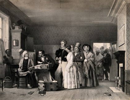 A young couple have come to be married but the official who is to perform the ceremony seems unprepared. Lithograph by Theilley after R.C. Woodville.