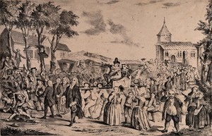 view The Dunmow Flitch: the winning couple are carried through the crowded street in a litter, preceded by a person holding the flitch aloft on the end of a stick. Lithograph after David Ogborne.