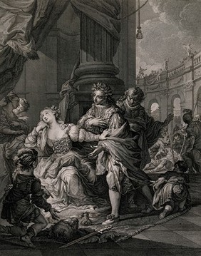 Queen Gunhilda, consort of King Henry III of Germany, receives from her page the severed head of the man who had accused her of adultery, after he had been defeated by the page in combat, but Gunhilda renounces her victory. Engraving by S.F. Ravenet after A. Casali.