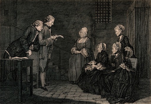 The family of Calas and a servant listen to what is being read from a document by a man in a wig and his assistant. Engraving by Delafosse after C. De Carmantelle.