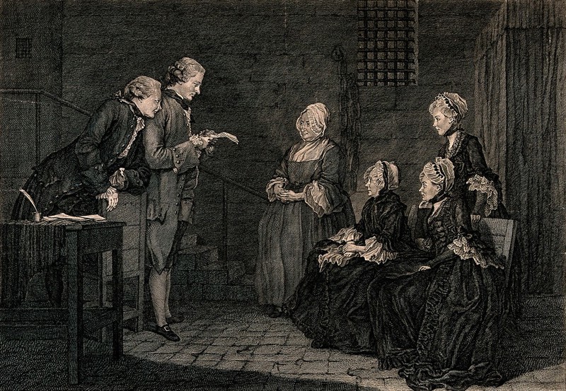 The family of Jean Calas sit listening to Alexandre Lavaysse reading a letter from Calas after his execution. Engraving by J.B. Delafosse, 1765, after L.C. De Carmontelle., 1765, by Louis Carrogis Carmontelle