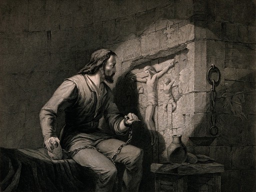 A prisoner sits in his cell and carves images into the wall with a nail. Engraving by F. Bacon after E.H. Weinhert