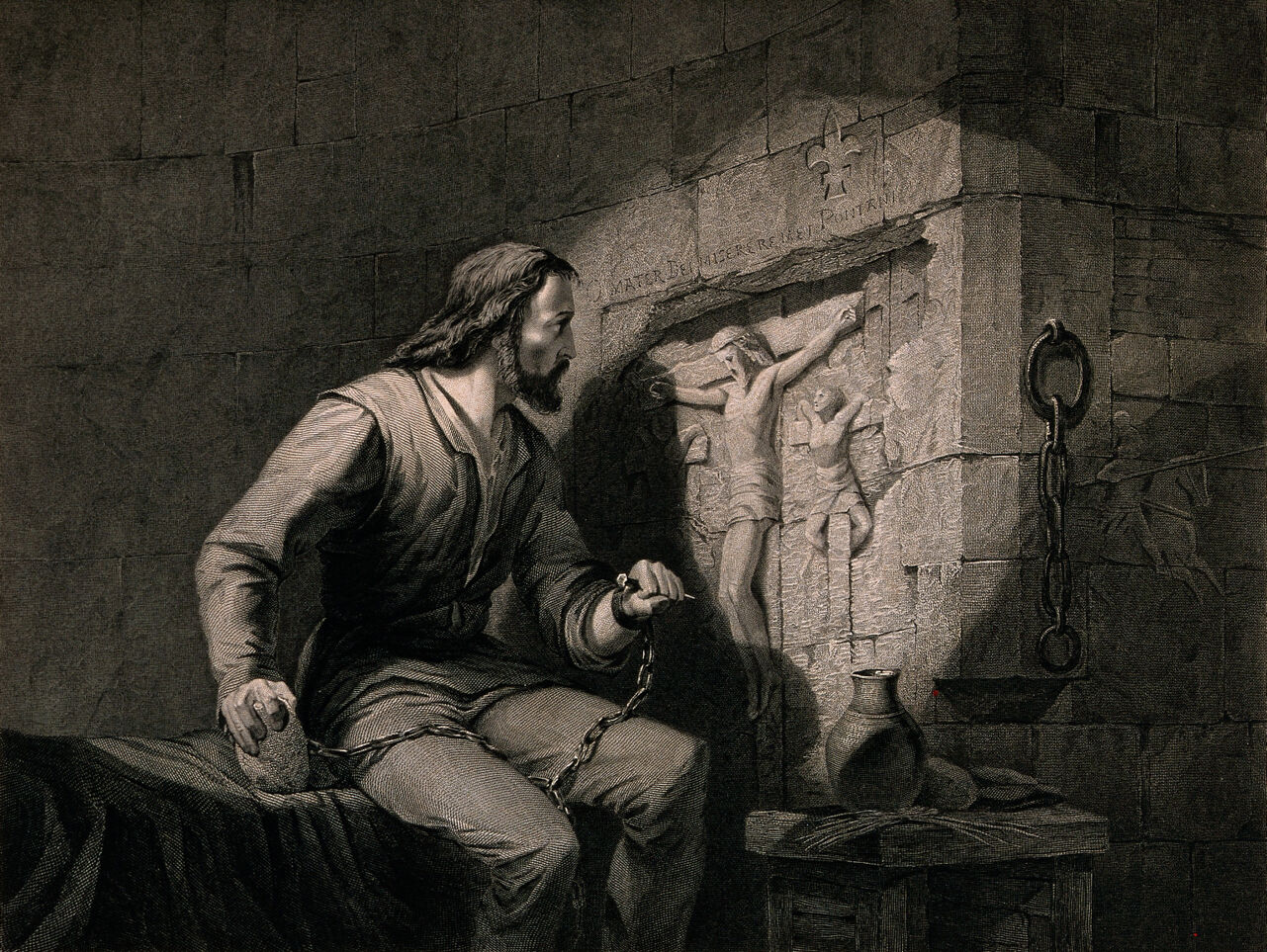 A prisoner sits in his cell and carves the Crucifixion in the wall with a nail. Engraving by F. Bacon after E.H. Wehnert., 1848, by Edward Henry Wehnert