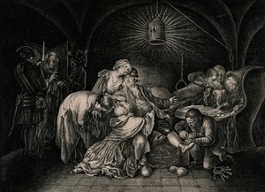 view Jean Calas is visited in his cell by his family as a warder loosens the shackles on his leg and a man in a cowl enters the room. Engraving by Andreas Leonhard Moeglich after Daniel Chodowiecki.