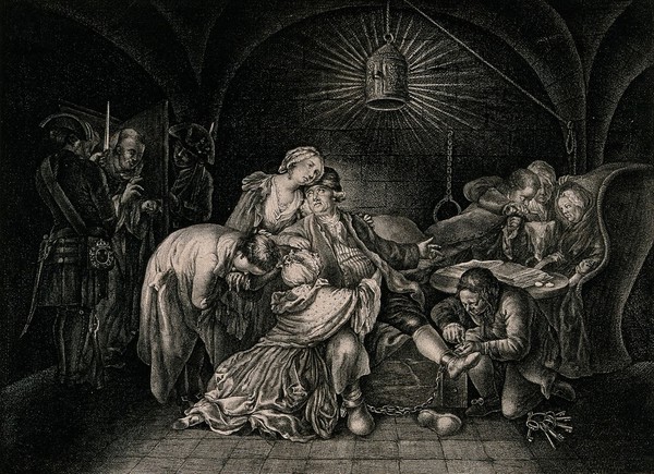 Jean Calas is visited in his cell by his family as a warder loosens the shackles on his leg and a man in a cowl enters the room. Engraving by Andreas Leonhard Moeglich after Daniel Chodowiecki.