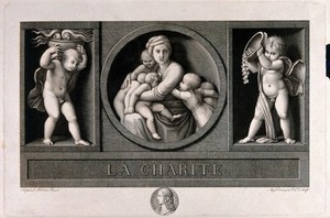 view A family group of a woman and four children flanked on either side by figures of children. Engraving by Aug. Desnoyers after himself after Raphael.