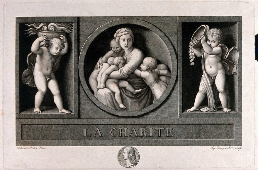 A family group of a woman and four children flanked on either side by figures of children. Engraving by Aug. Desnoyers after himself after Raphael.