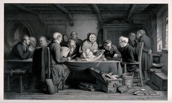 An abandoned baby is considered by the governors of a foundling hospital. Engraving after G.B. O'Neill.