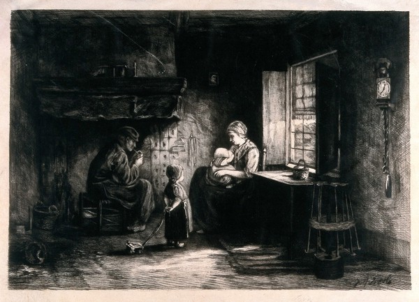 A family scene with the father sitting near the hearth smoking a pipe and the mother with a child on her lap and another standing with a toy cart. Etching and drypoint by Josef Israels.