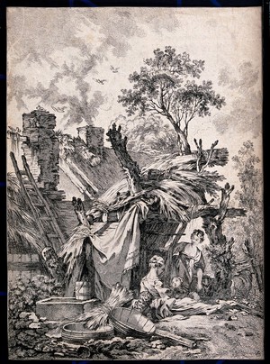 view Two young women and two children shelter in a tumble-down cottage. Etching.