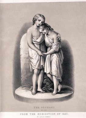 An orphan brother and sister embracing each other. Lithograph by Louisa Corbaux after F.M. Miller.