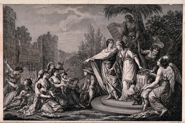 The mothers, and the children they are feeding and looking after, are being given help and assistance. Engraving by E Voÿsard after A. Borel.