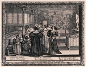 view A woman holds a baby as others prepare for its baptism around the mother's bed. Engraving by A. Bosse.