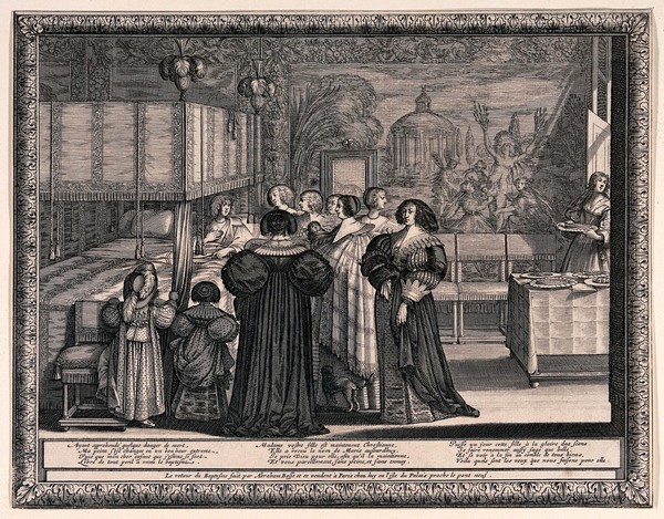 A woman holds a baby as others prepare for its baptism around the mother's bed. Engraving by A. Bosse.