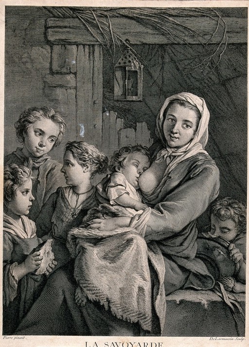 A woman breastfeeds a baby and other children stand around her. Engraving by de Larmessin after Pierre.