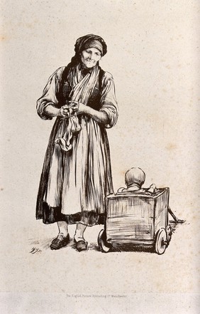 A woman with knitting in her hands is looking down on a small child in a cart. Process print after H. von Herkomer, 1877.