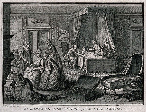 A new-born baby being baptised by a midwife in the mother's bedroom. Etching by B. Picart.