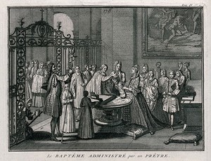 view A baptism being administered by a priest in a church. Etching by B. Picart.