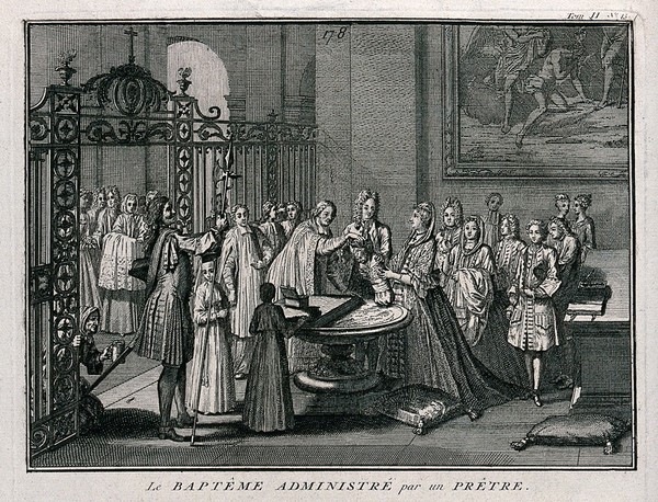 A baptism being administered by a priest in a church. Etching by B. Picart.