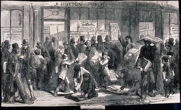 Boys hand out newspapers to the waiting crowds. Wood engraving.