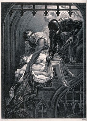 Three men, one dressed in armour are lowering two women down the steps towards a pair of hands reaching upwards. Wood engraving.