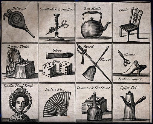 Items of interest in learning depicted with their names. Etching.