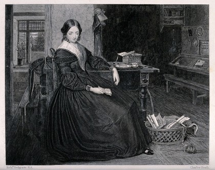 A woman school teacher sits at a table with a book in her hand and a basket of needlework on the floor. Engraving by Charles Heath, 1844, after Richard Redgrave, 1843.