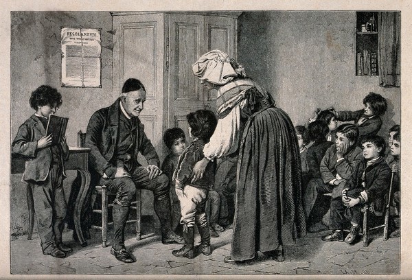 A young woman taking a boy to school introduces him to the school master in the schoolroom. Wood engraving after Ludwig Bassini.