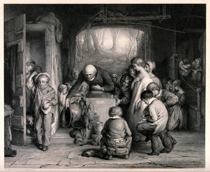 A boy arrives late into a room where the master and other boys are already present. Engraving by J.T. Smyth after W. Mulready.