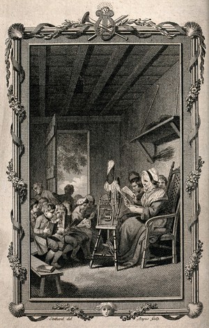 view A woman sits in a high-backed chair with a book in her hand and children siting on benches with books in their hands. Engraving by Angus after T. Stothard.