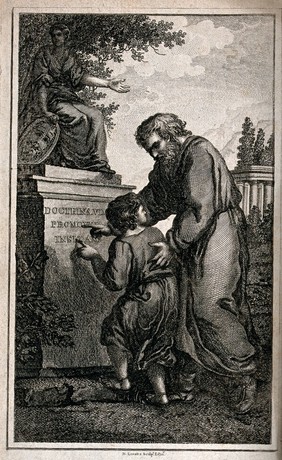 A man directs the attention of a boy to a Latin inscription on a plinth stating that learning increases natural capability; representing education. Etching by D. Lizars, 1784.