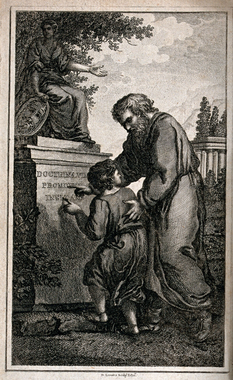 A man directs the attention of a boy to a Latin inscription on a plinth stating that learning increases natural capability; representing education. Etching by D. Lizars, 1784., 1784, by Daniel Lizars Sr.