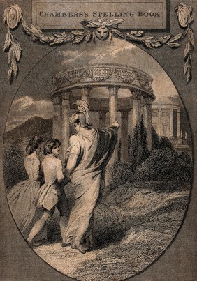 A man in a Roman helmet (or Minerva?) leads two children up a hill towards two temples; representing the learning of words and spelling. Engraving by W.C. Wrankmore after T. Stothard.