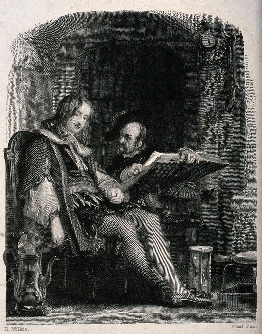 A dwarf sits on a table reading a large book to a young boy. Engraving by Charles Fox after David Wilkie.