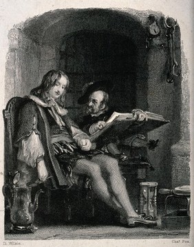 The dwarf Jeffrey Hudson sits on a table reading a large book to Julian Peveril. Engraving by Charles Fox after David Wilkie.