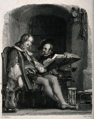 view The dwarf Jeffrey Hudson sits on a table reading a large book to Julian Peveril. Engraving by Charles Fox after David Wilkie.