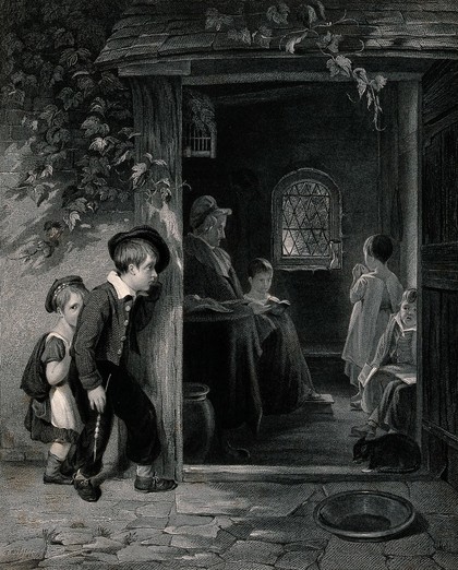 Two boys peep round a door frame into a room where a woman is reading to other young children. Engraving by T. Phillibrown after T. Webster.