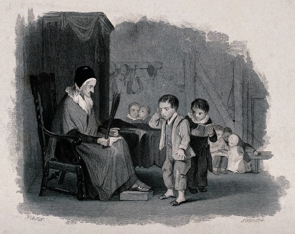 A woman school-teacher sitting on a chair with birches in her hand as a small boy stands in front of her and another child holding a book looks on. Engraving by W.H. Simmons after T. Webster.
