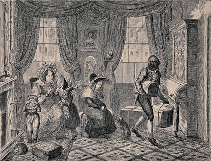 A family is about to return from their holiday in a London townhouse. Etching by George Cruikshank after S.K.