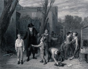 view A man has separated two boys who were fighting in the playground. Engraving by L. Stocks after W. Mulready.