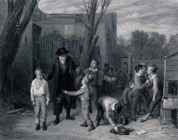 A man has separated two boys who were fighting in the playground. Engraving by L. Stocks after W. Mulready.