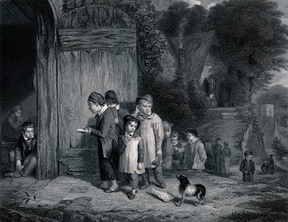 Schoolboys arriving at school, showing different attitudes. Engraving by W. Ridgway after T. Webster.