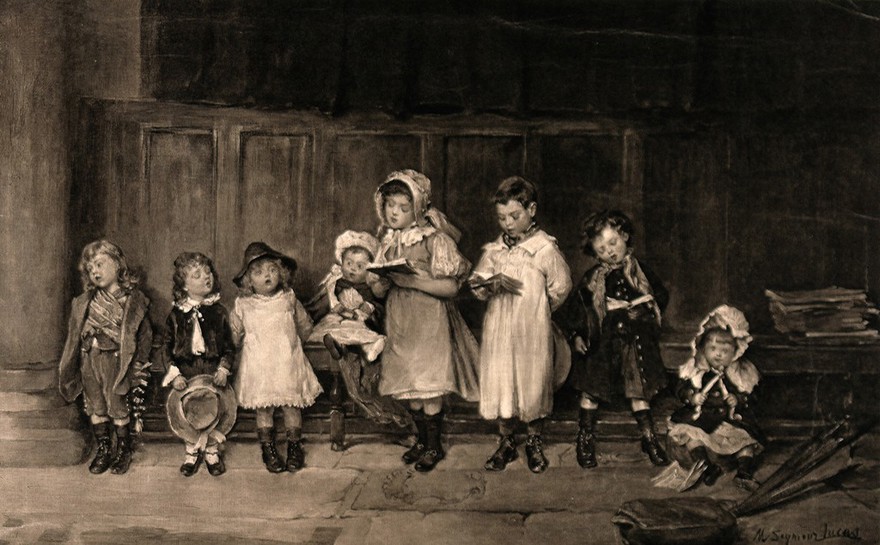 A group of children holding song books and singing. Process print after Marie Seymour Lucas.