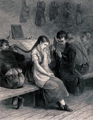 view A girl sitting on a bench crying as a boy pulls her plait: another boy reads beside her. Wood engraving by H. Linton.