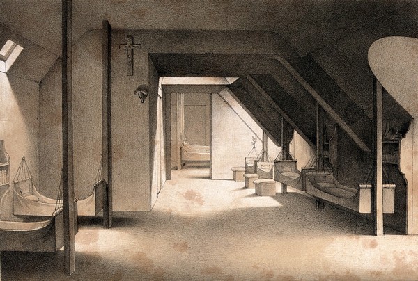 Mettray penal colony, Mettray, France: the dormitory for pupils at the school. Lithograph by Sauvé and Faivre after A. Thierry.