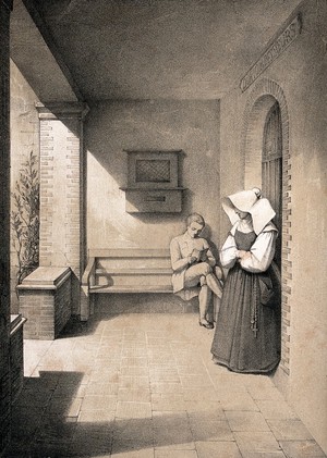 view Mettray penal colony, Mettray, France: a cloister with a young man sitting on a bench reading and a nun, in a place where stolen objects can be anonymously returned. Lithograph by Sauvé and Faivre after A. Thierry.