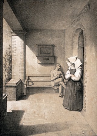 Mettray penal colony, Mettray, France: a cloister with a young man sitting on a bench reading and a nun, in a place where stolen objects can be anonymously returned. Lithograph by Sauvé and Faivre after A. Thierry.