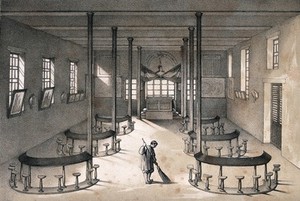 view Mettray penal colony, Mettray, France: a classrom for inmates of the penal colony, with a man sweeping the floor. Lithograph by Sauvé and Faivre after A. Thierry.